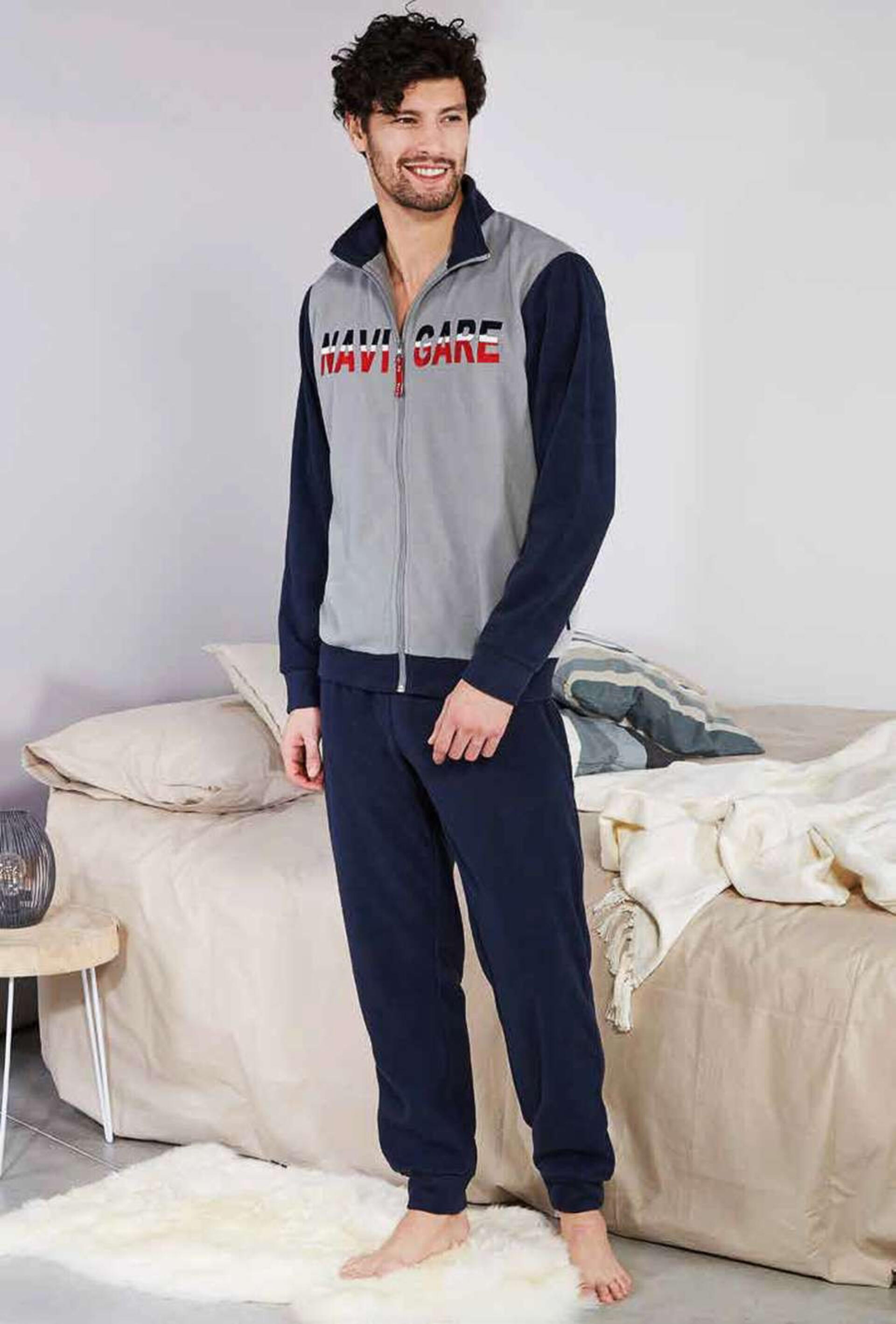 Pigiama Uomo In Seta Pura Con Stampa Catena Navy Maniche Lunghe Con Pantaloni