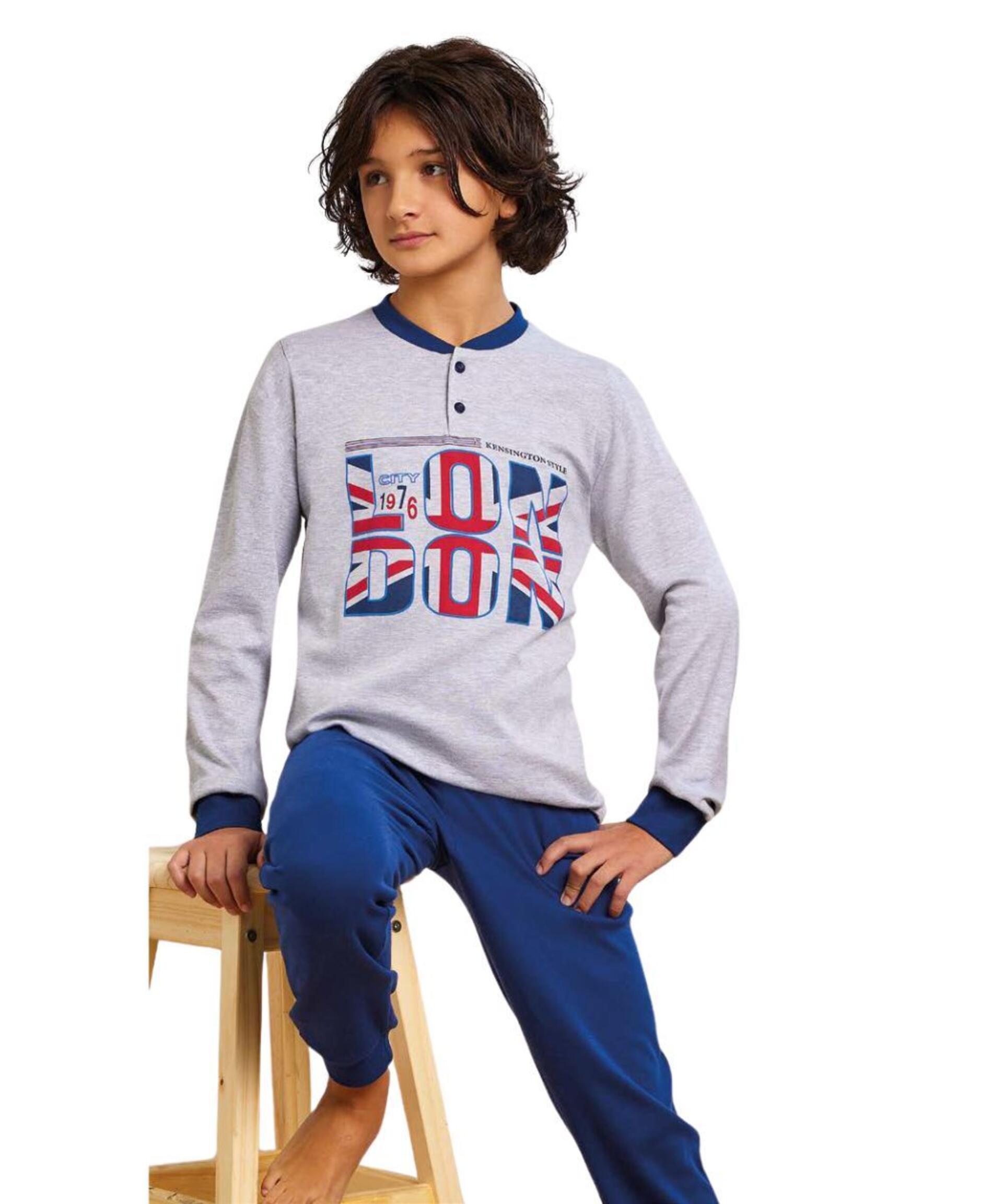 Navigare Pigiama Ragazzo Invernale In Cotone Interlock (10-14 Anni) - Manica Lunga, Blu Navy - 215605
