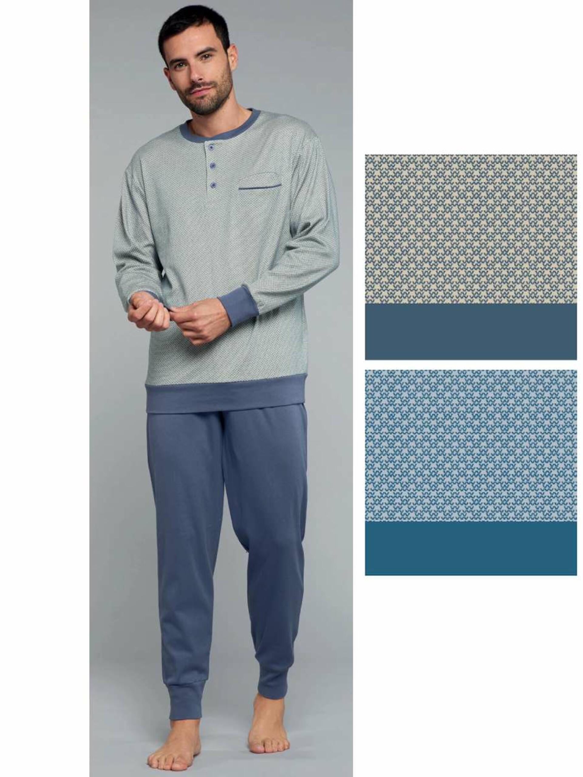 Pigiama Uomo Due Pezzi In Cotone - Top Bottoni Maniche Lunghe, Pantaloni Con Elastico, Made In EU - Foto 7