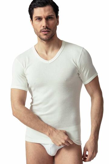 MEN'S V-NECK WOOL AND COTTON T-SHIRT OLTREMARE 840 - SITE_NAME_SEO