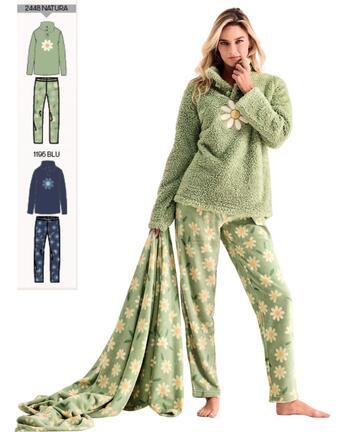 Infiore Riccis RCC652860 Damen-Pyjama aus warmem Korallenfleece mit Fell - SITE_NAME_SEO