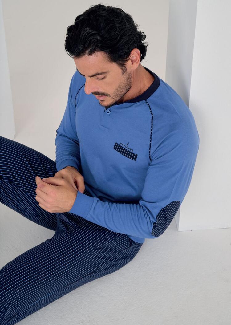 Navigare Pigiama Uomo Cotone Jersey Manica Lunga: Grigio Melange E Blu, Taglia XXL