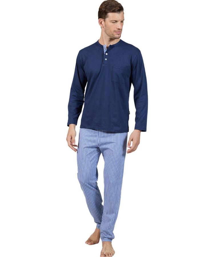 Pigiama Lungo Uomo In Cotone 2 Pezzi - Manica Lunga E Pantaloni Con Polsini, Girocollo, Stampato, Comodo Per Dormire