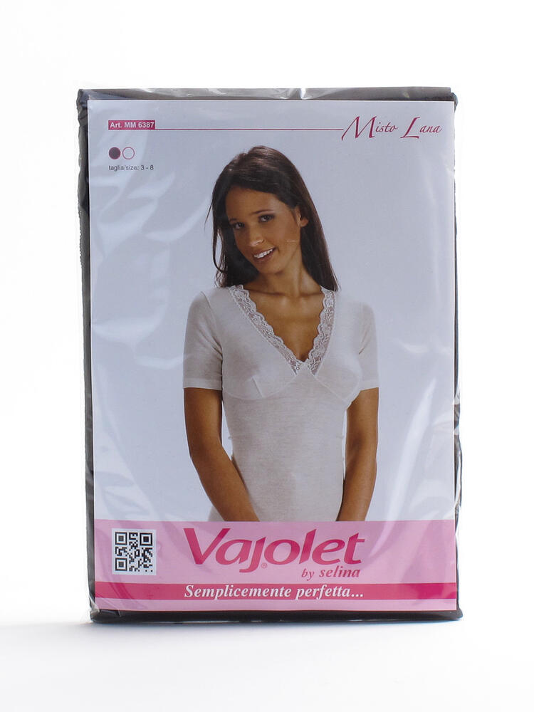 T-shirt donna in misto lana scollo v con pizzo Vajolet 6387 Vajolet