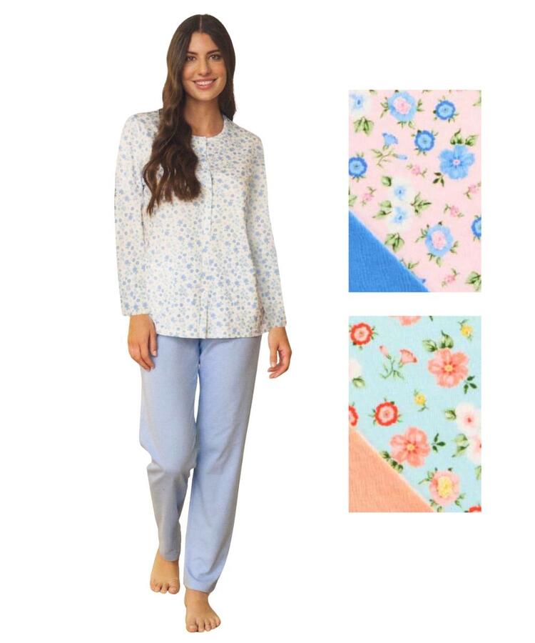 Pigiama donna aperto a manica lunga in jersey di cotone Linclalor 75410 Linclalor
