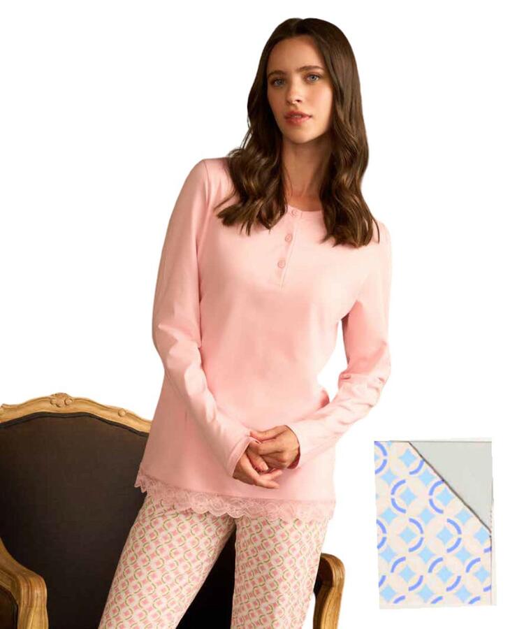 Pigiama donna manica lunga a serafino in jersey di cotone Linclalor 75446 Linclalor