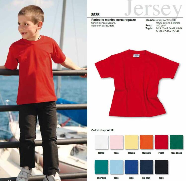 T-shirt Bambino Catania A Manica Corta In Puro Cotone - Collo A Costina O Elastan, 155 G/m², Nastro Rinforzo, Per Neonati E Ragazzi