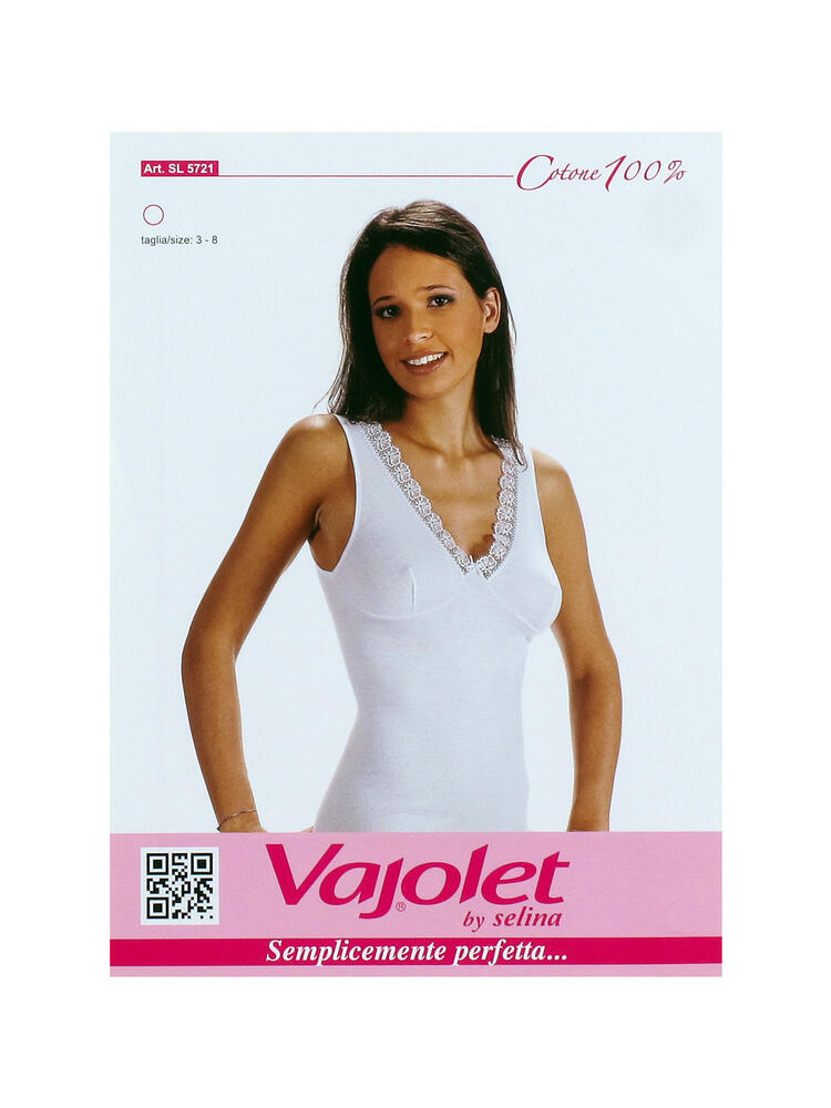 Canotta spalla larga donna in cotone scollo v con macramè e forma seno Vajolet 5721 Vajolet