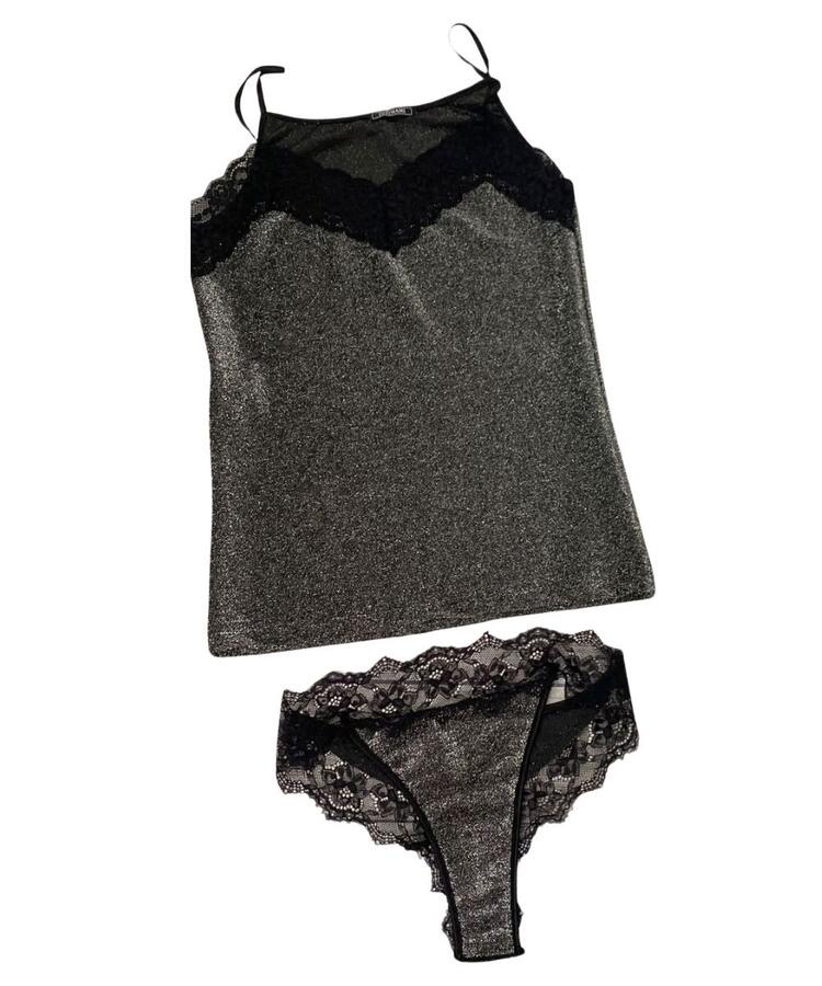 Completo donna con top in tessuto jaquard lurex e pizzo con brasiliana Intimami ID1526 Intimami