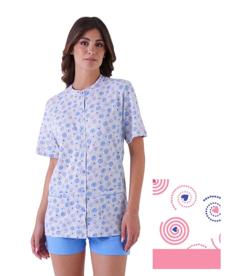 Karelpiu' KE0116 Damen-Baumwollpyjama mit kurzen Ärmeln und offener Vorderseite KarelPiù