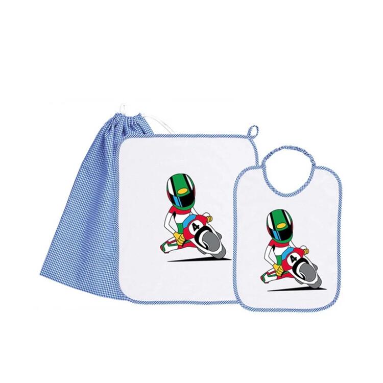 SET 3 PEZZI BAVAGLINO, ASCIUGAMANO E SACCHETTO ASILO BAMBINO SIGGI  Siggi