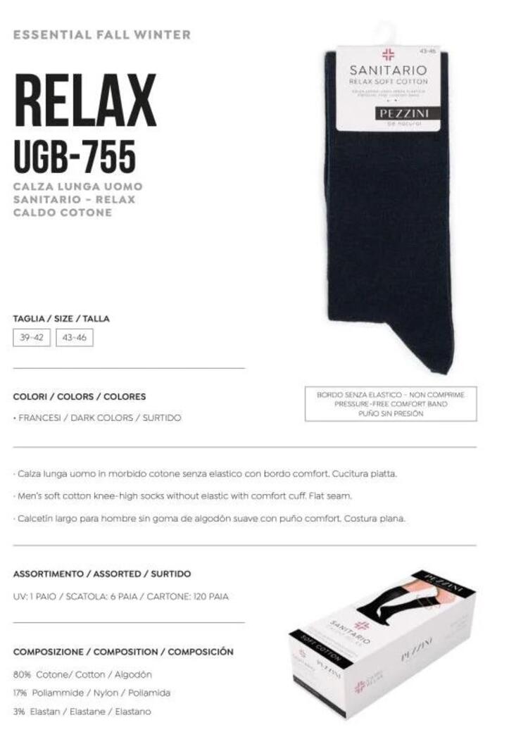 Calzettone lungo uomo bordo comfort in caldo cotone Pezzini UGB-755 RELAX Pezzini